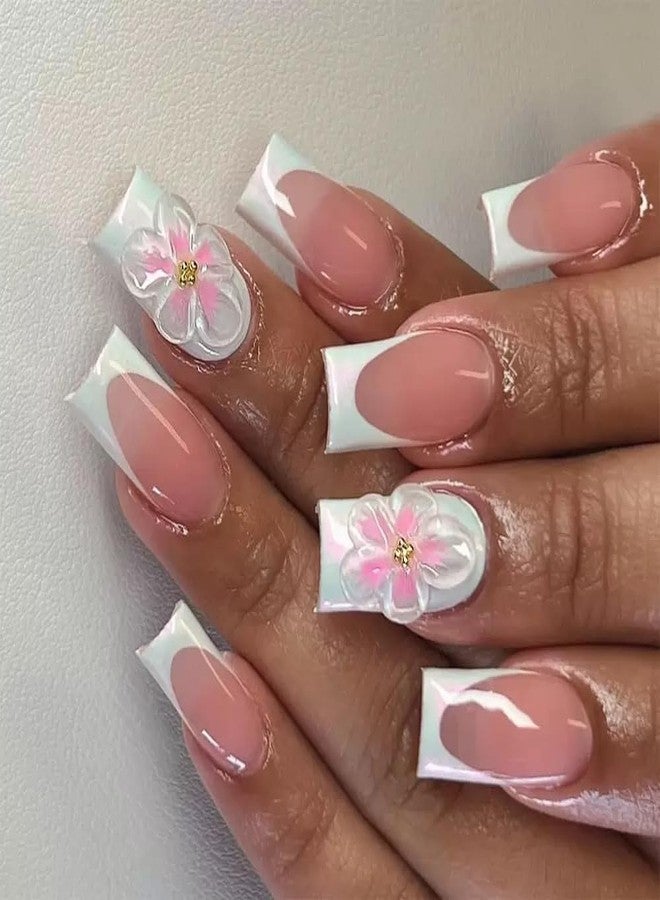 CTTHNBD Press on Nails Medium Square Fake Nails French Tip False Nails with 3D Pink Flower Design Glossy Glue on Nails Ombre Acrylic Nails Full Cover Stick on Nails for Women Spring Manicure 24Pcs - Image 1